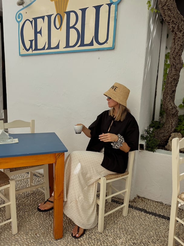 Author wears a maxi-skirt on holiday in Europe.