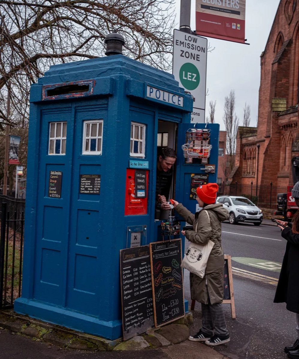 A police box made into a coffee shop.