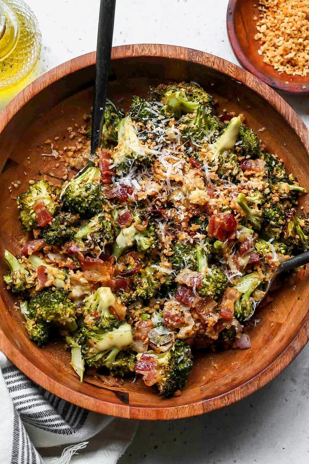 roasted broccoli salad in a wooden bowl
