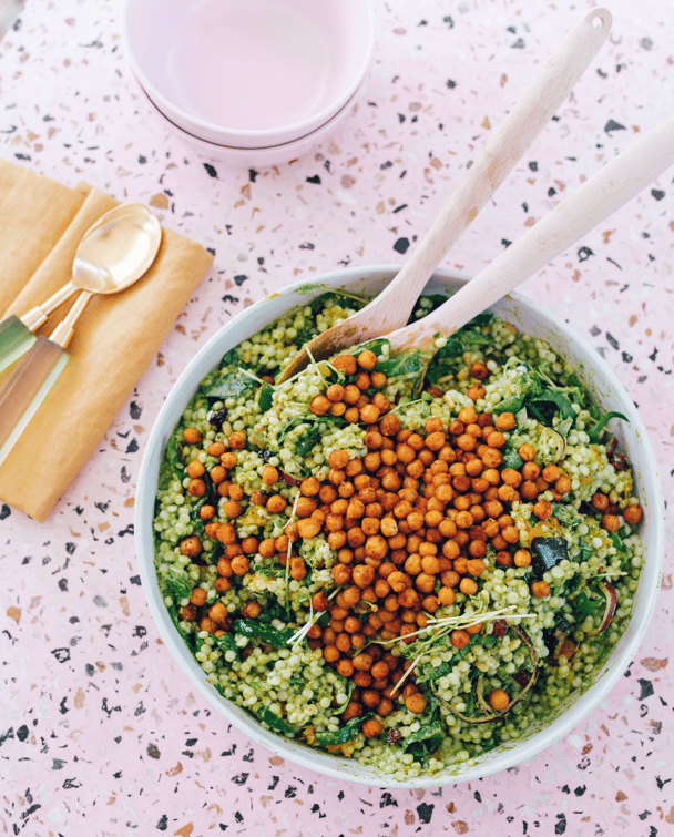 pearl couscous salad in a white bowl
