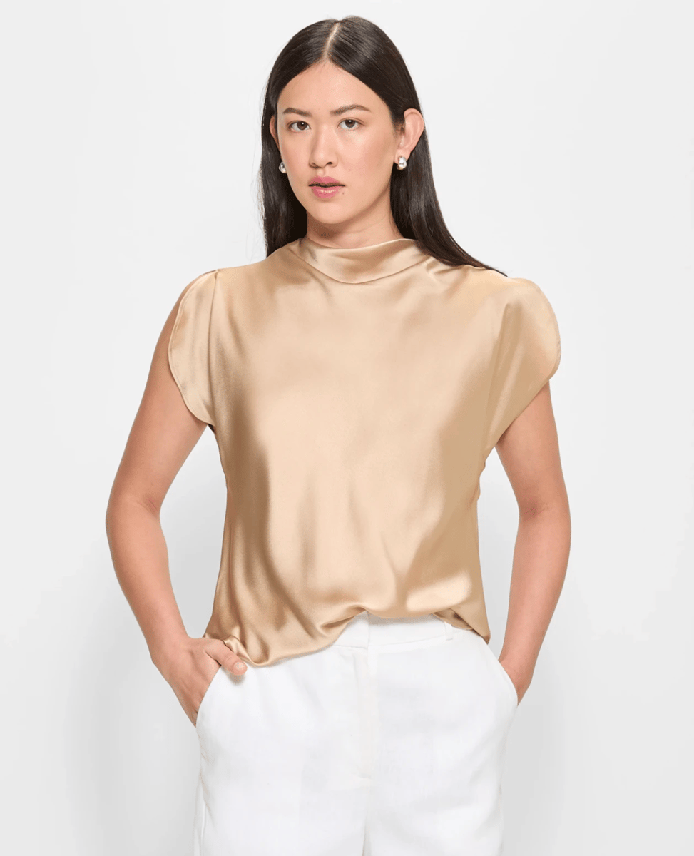 Target sleevless satin drape neck top. 