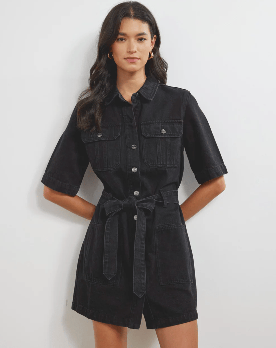 A black denim tie-waist mini dress from Atmost & Here.