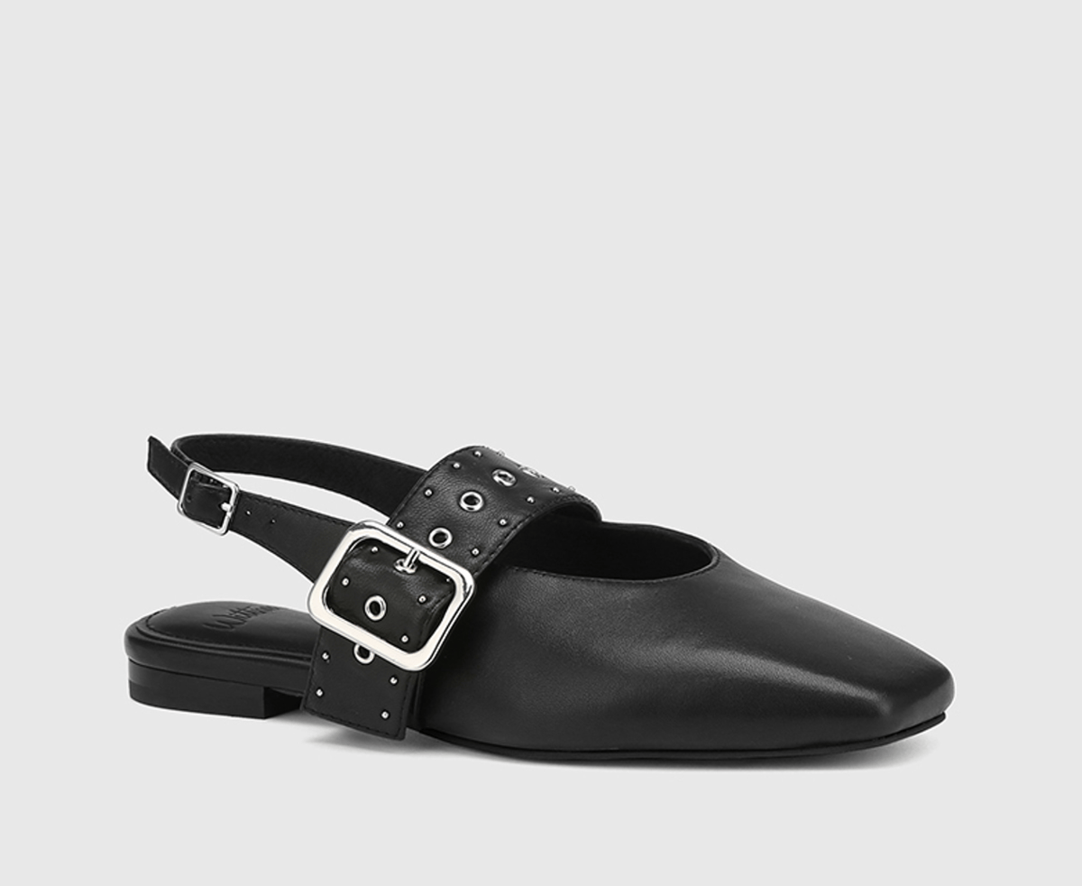 Black leather slingback flats with a silver buckle and rivulets.