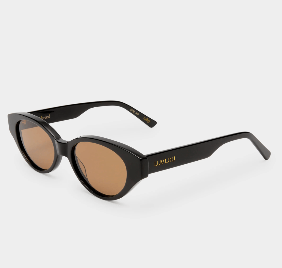 A pair of cat-eye sunglasses with a black frame and brown tinted lenses by Luv Lou.