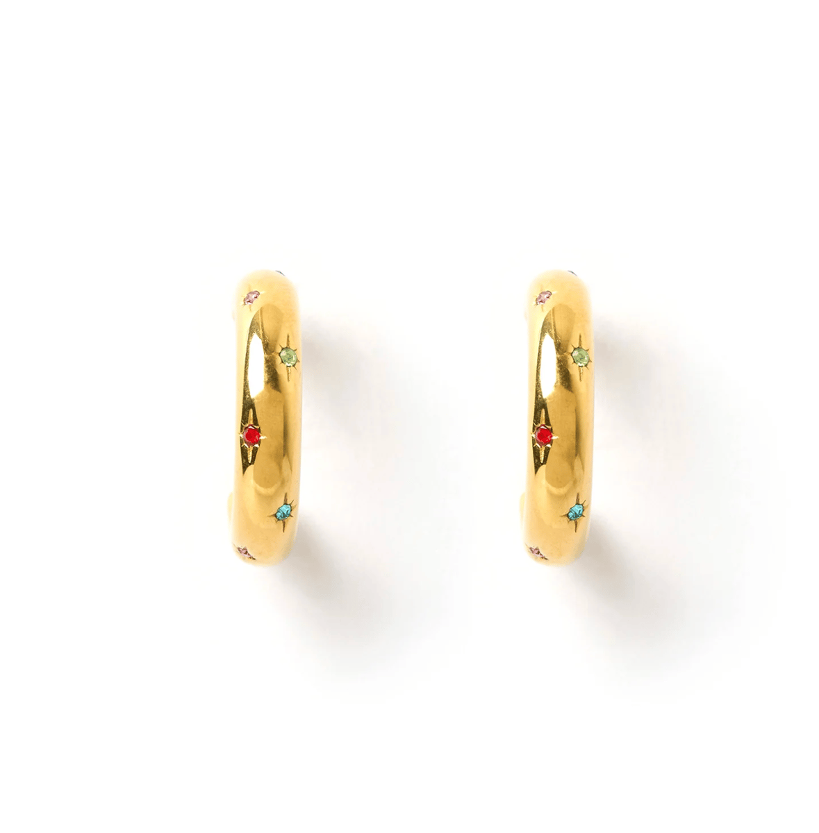 A pair of gold chunky hoop earrings embellished with small colourful jewels.