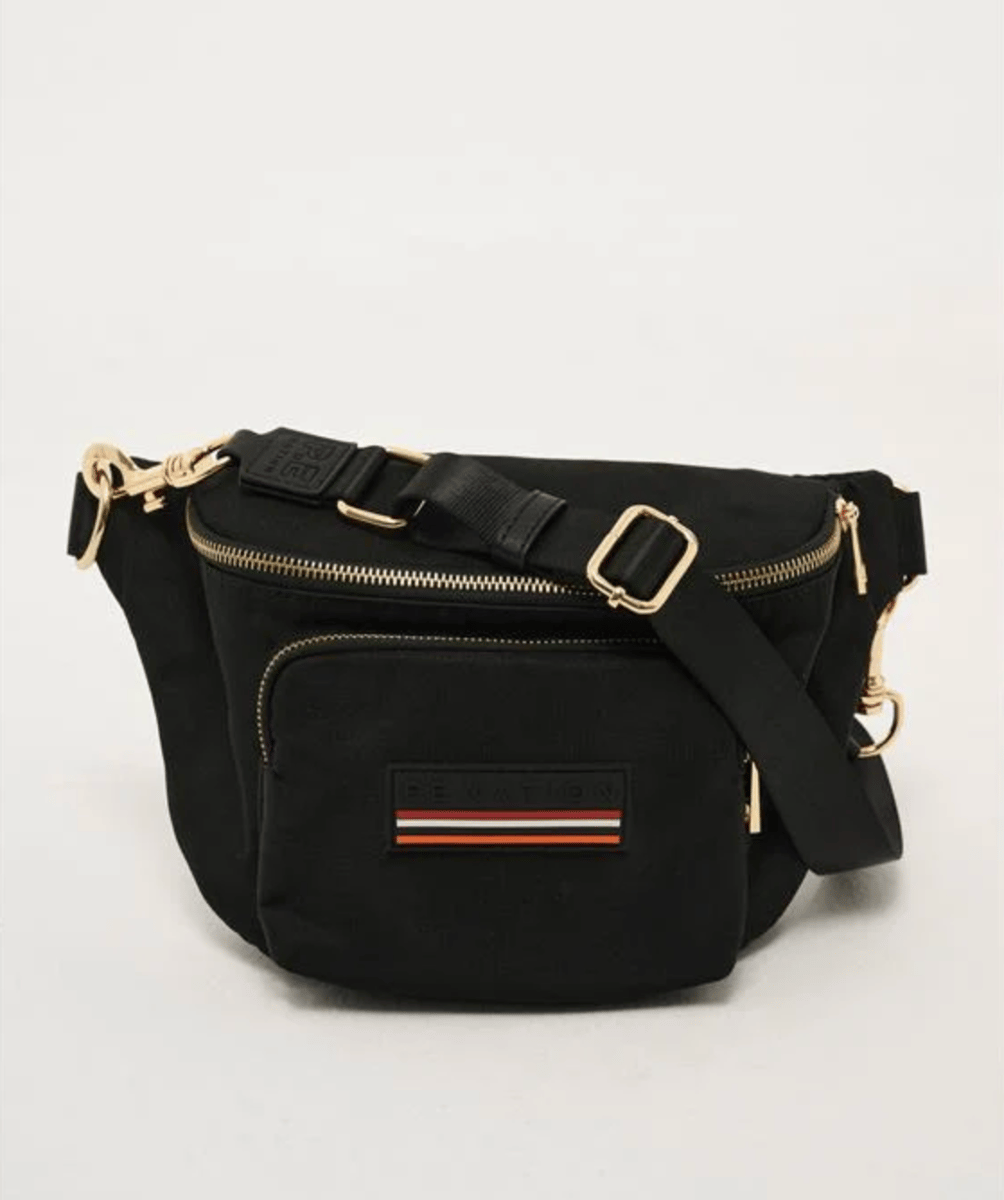 A black bum bag with gold hardware by P.E Nation with the brand's logo on the front.