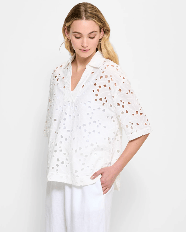 A broderie detail top from Target, in white, with a low neck and open collar.