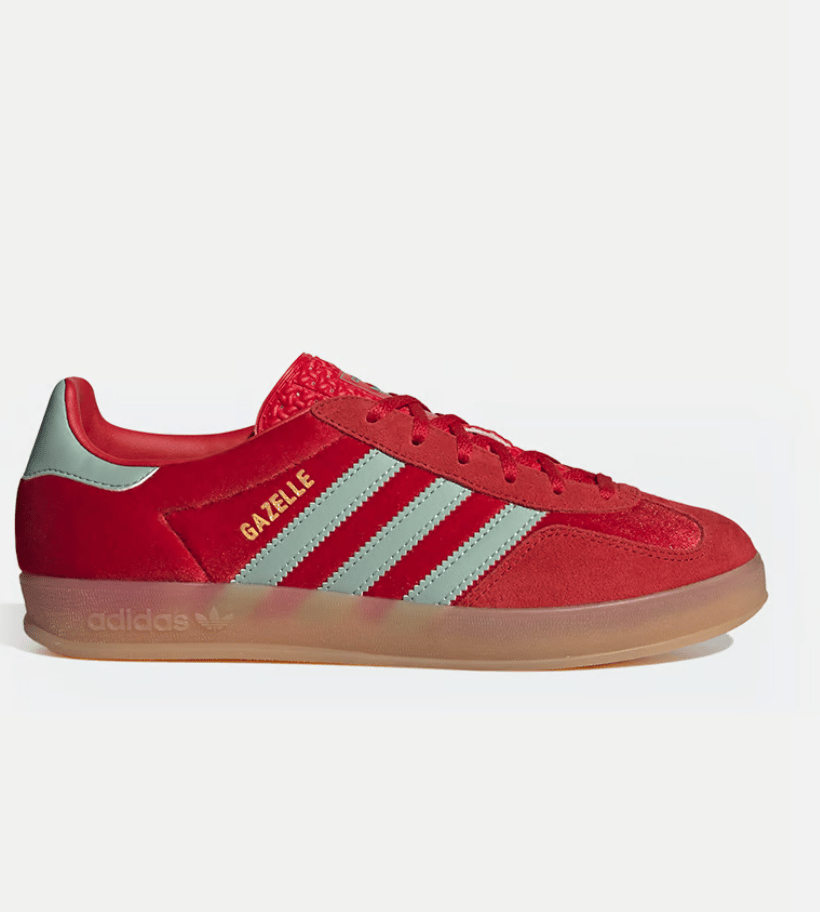 An Adidas Originals sneaker in red with baby blue stripes.