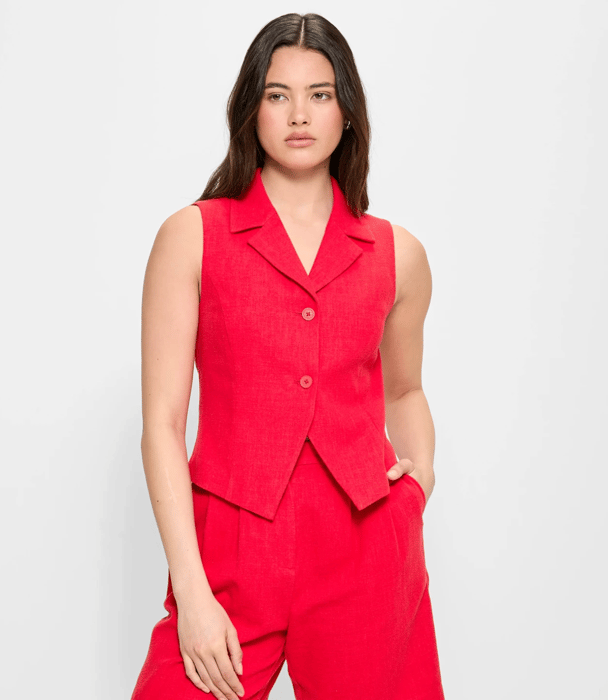 A bright red linen vest top and matching shorts.