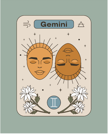 Tarot style illutsration of Gemini, the third sign of the zodiac.