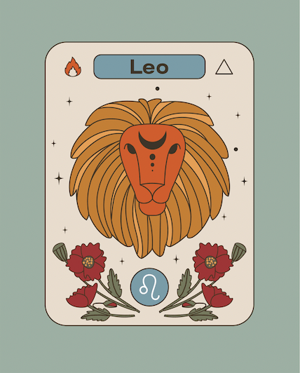 Tarot style illutsration of Leo, the fifth sign of the zodiac.