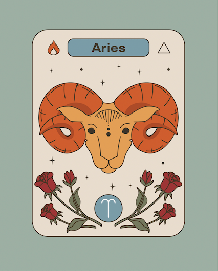 Tarot style illutsration of Aries, the first sign of the zodiac.