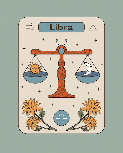 Tarot style illutsration of Libra, the seventh sign of the zodiac.