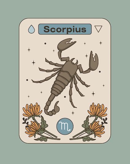 Tarot style illutsration of Scorpio, the eighth sign of the zodiac.