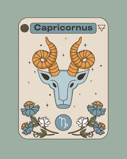 Tarot style illutsration of Capricorn, the 10th sign of the zodiac.