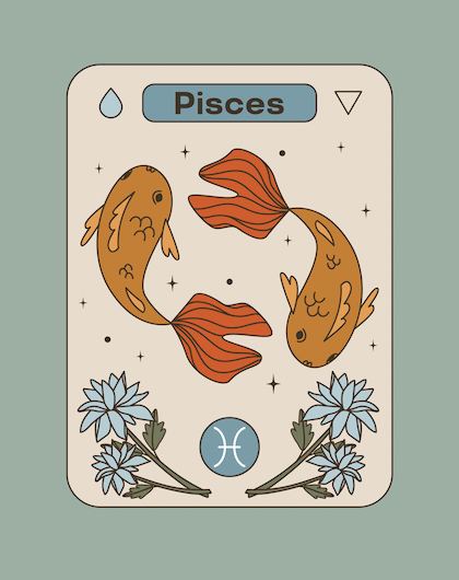 Tarot style illutsration of Pisces, the 12th sign of the zodiac.