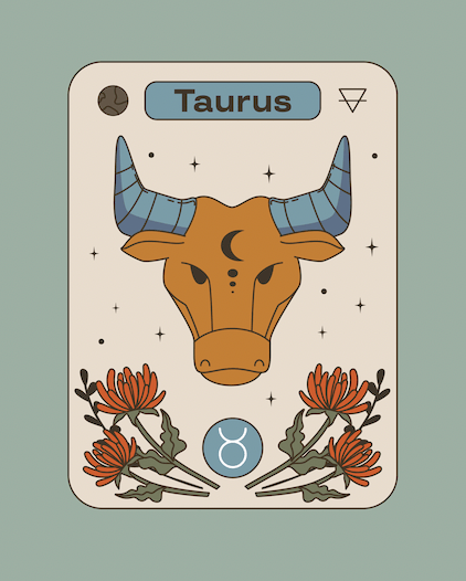 Tarot style illutsration of Taurus, the second sign of the zodiac.