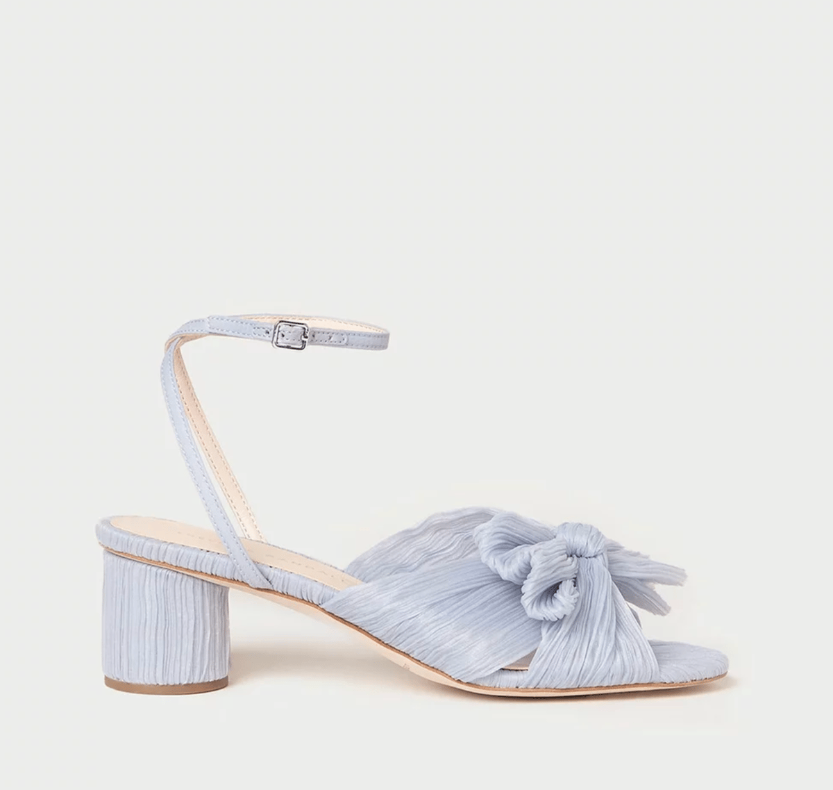 Loeffler Randall's pleated fabric heels in cornflower blue, with a cylindrical block heel and knotted accent at front.