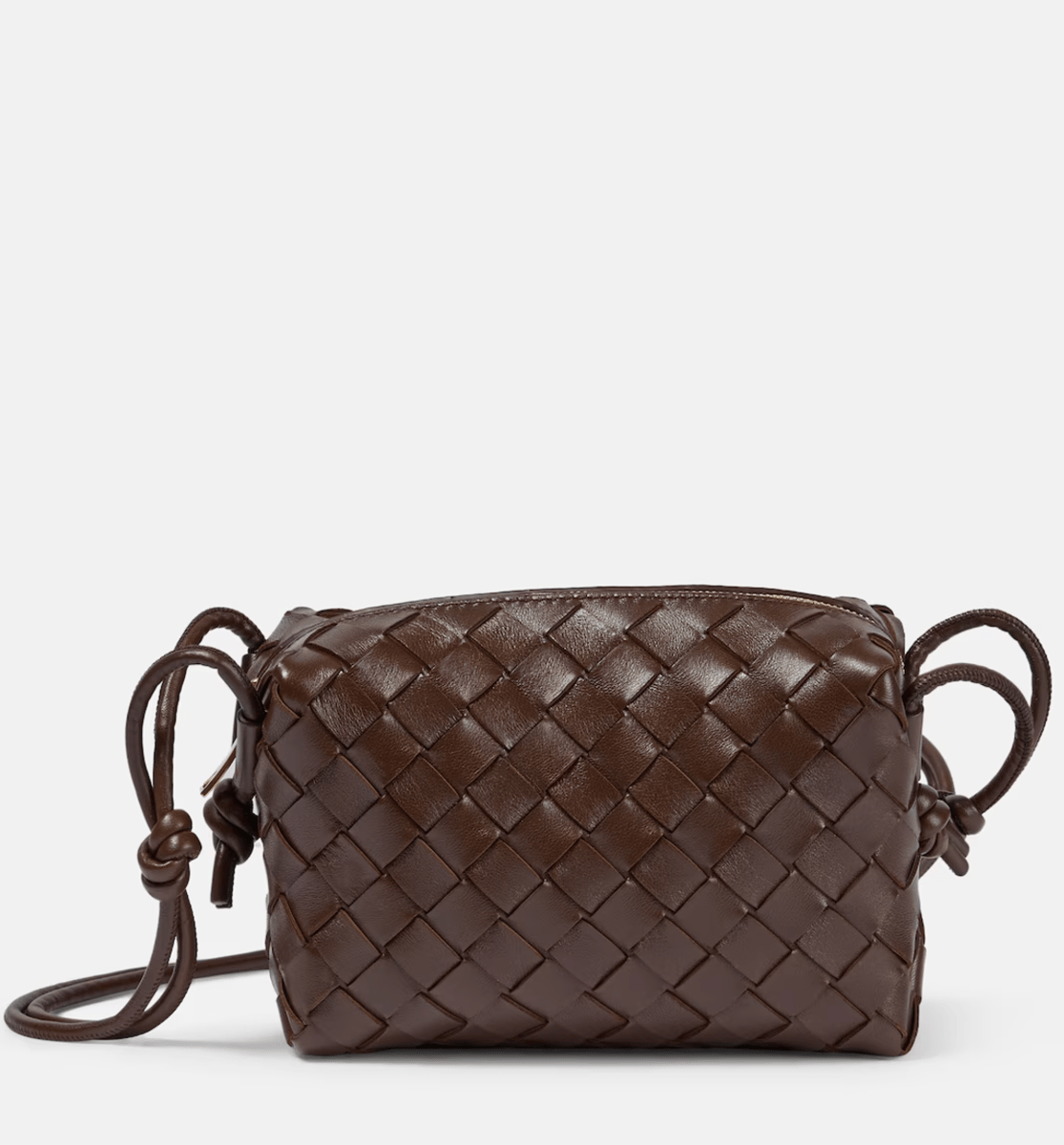 The Bottega Veneta Loop Mini Camera Bag in brown woven leather is pictured.