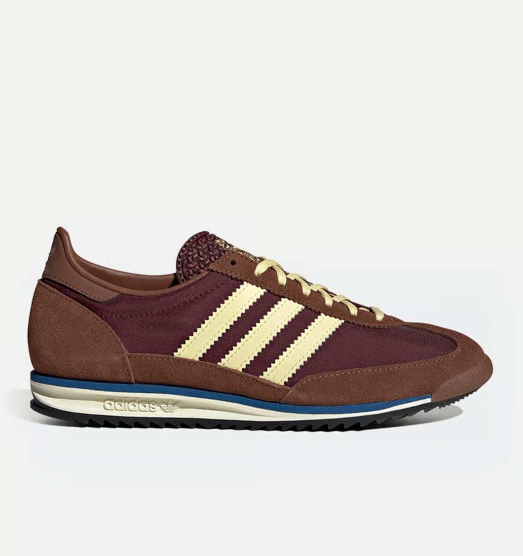 The Adidas SL72 sneaker in brown and burgundy colours.