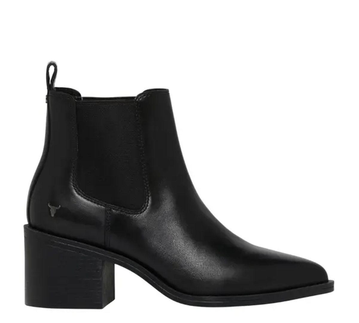 A black leather ankle boot.