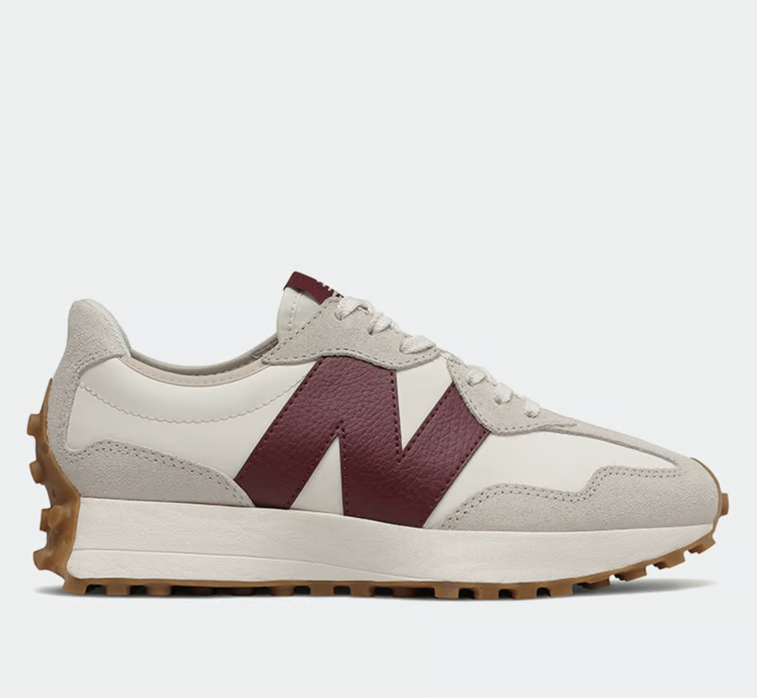 A new Balance sneaker with burgundy accents.