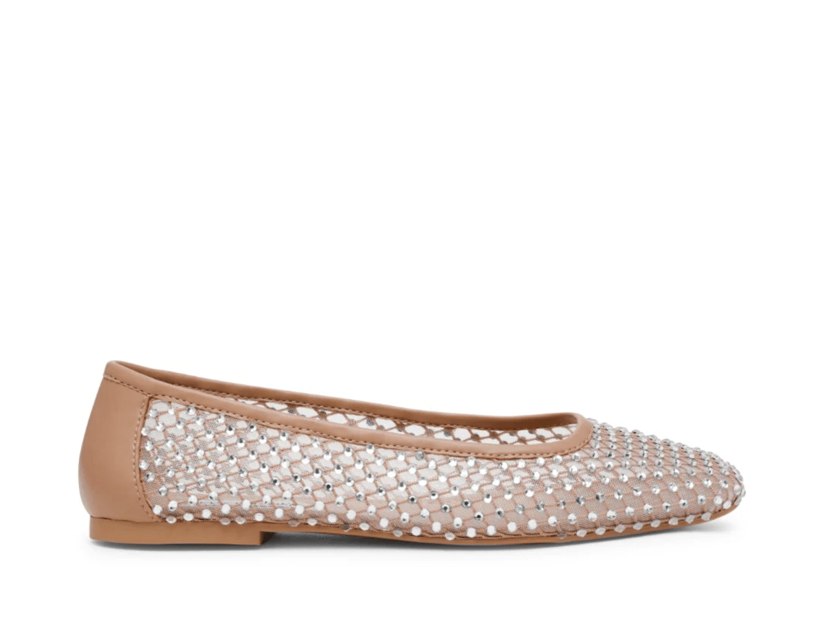 Nude mesh and rhinestone ballet flats.