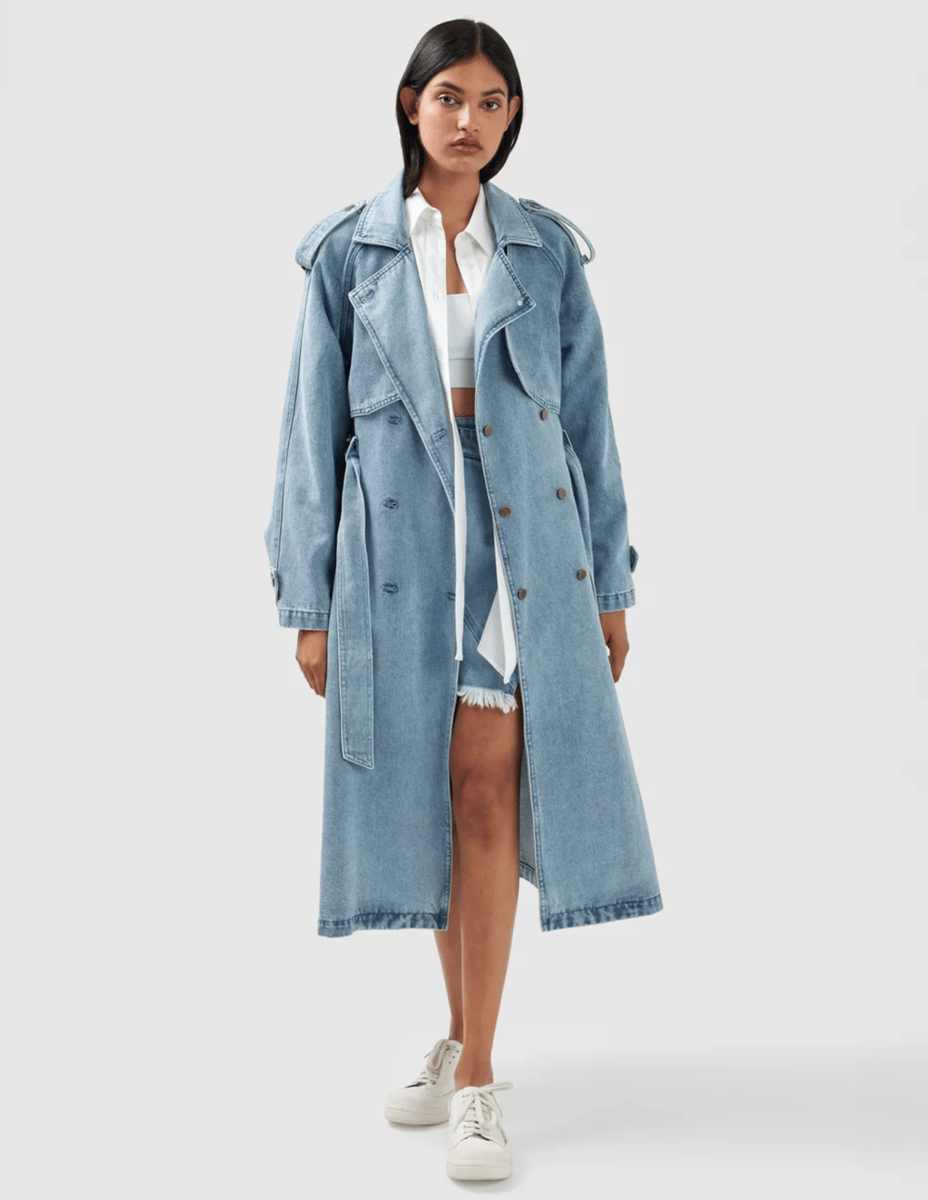 A denim oversized trench coat.