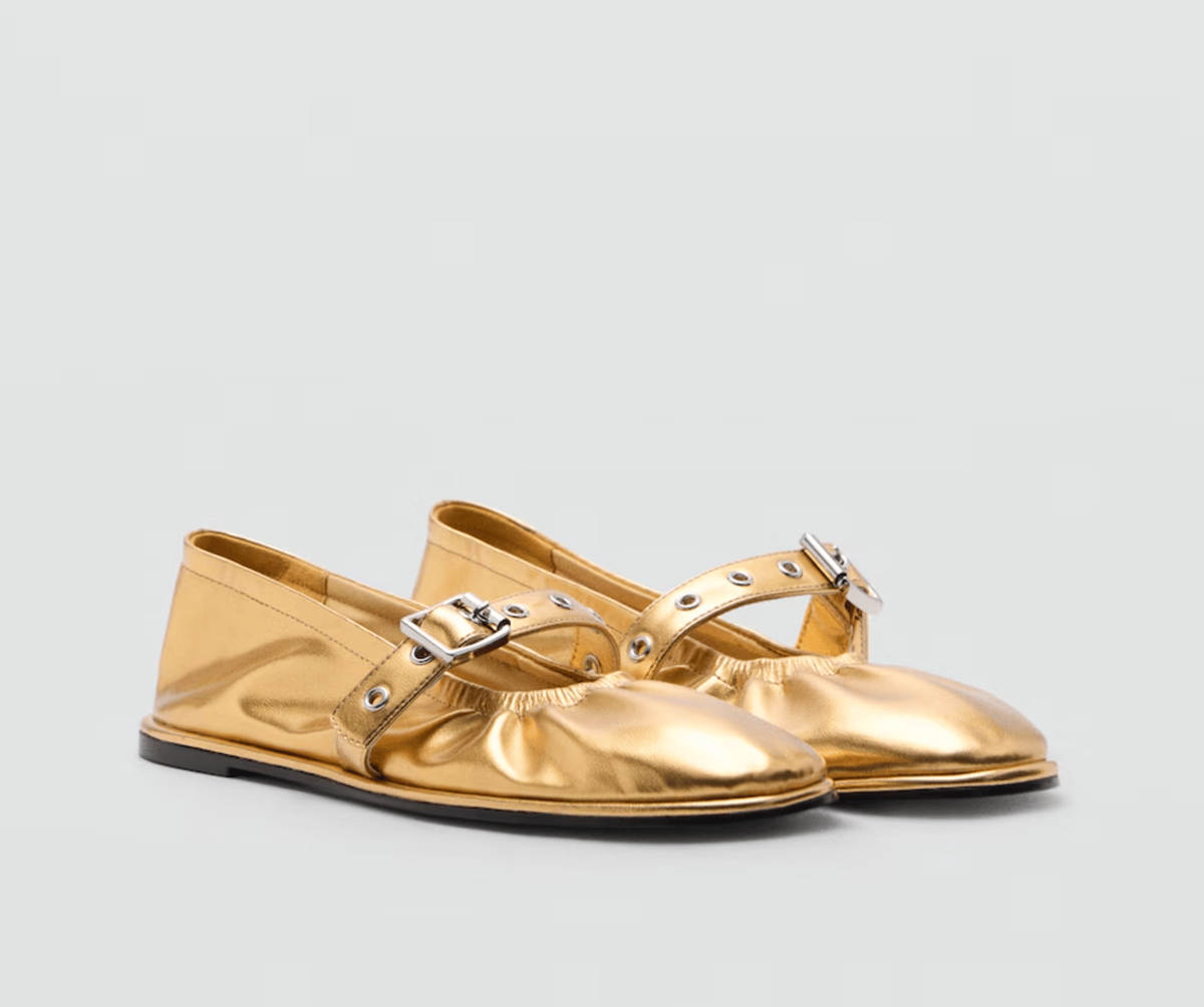 Gold buckle detail Mary Jane flats.