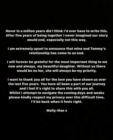 Molly-Mae Hague's sudden breakup announcement.