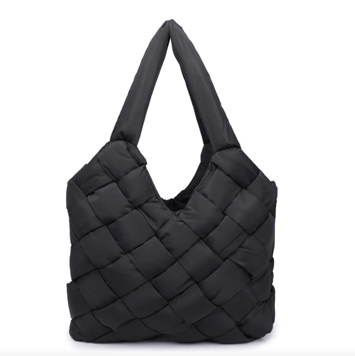 A puffy black woven tote.