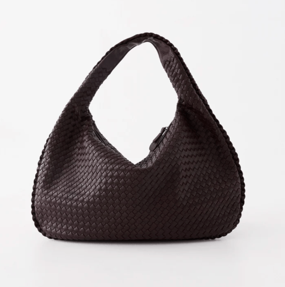 Woven faux leather bag in chocolate brown.