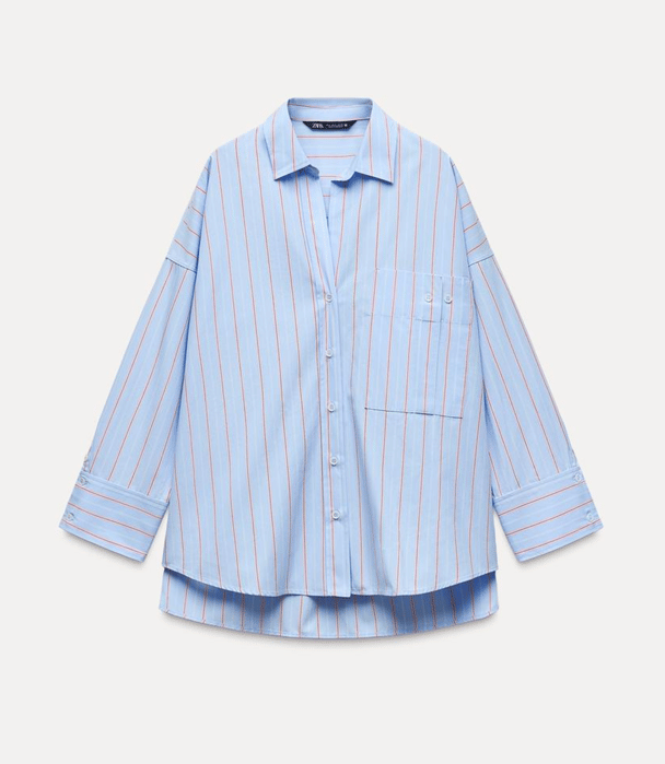A blue cotton oversized striped shirt.
