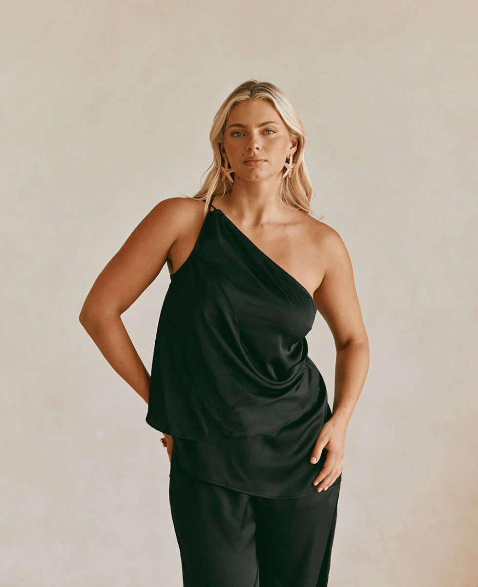 Black draped satin top.