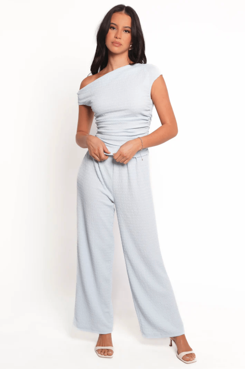 A baby blue textured set with top and pant.