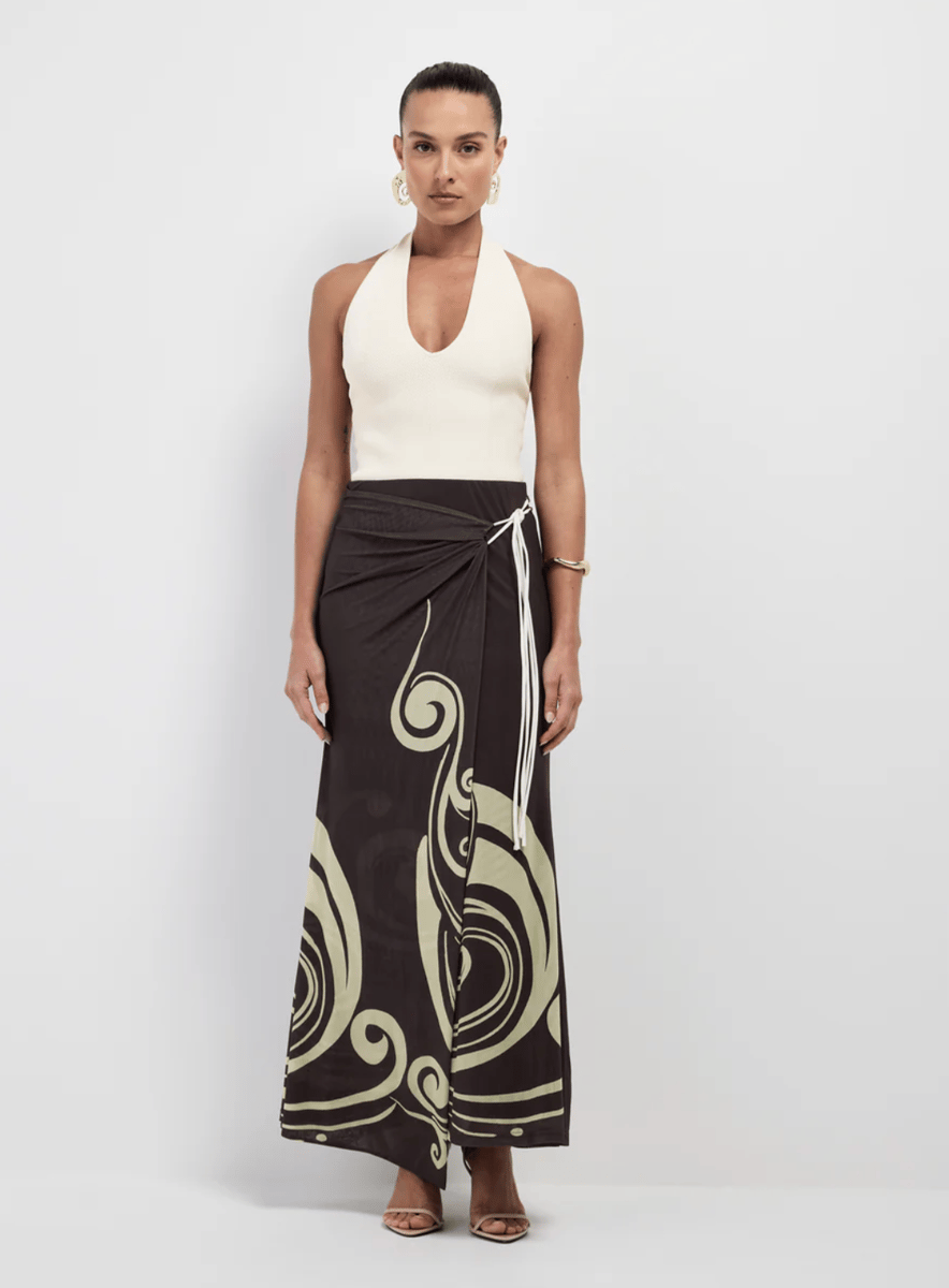 A brown swirl pattern wrap skirt.