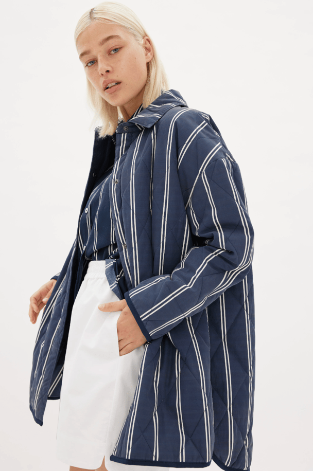 A striped quilted car coat.