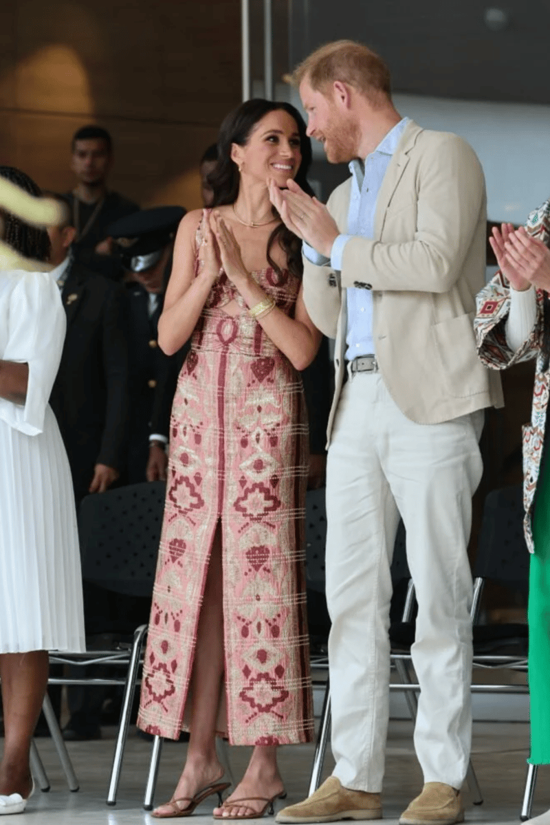 Meghan Markle wears a dress by Colombian based designer Johanna Ortiz.