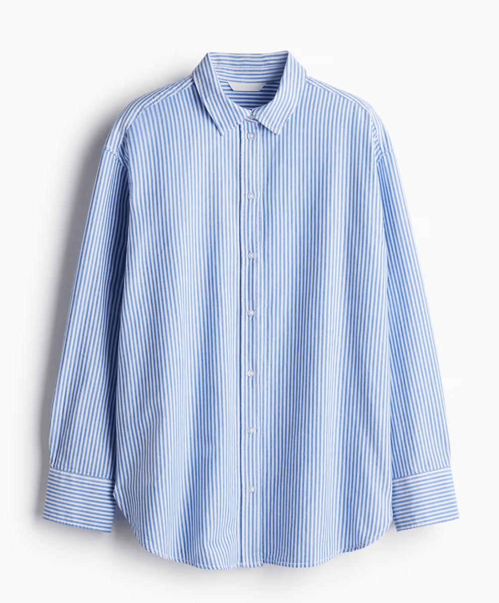 A blue and white striped Oxford shirt.