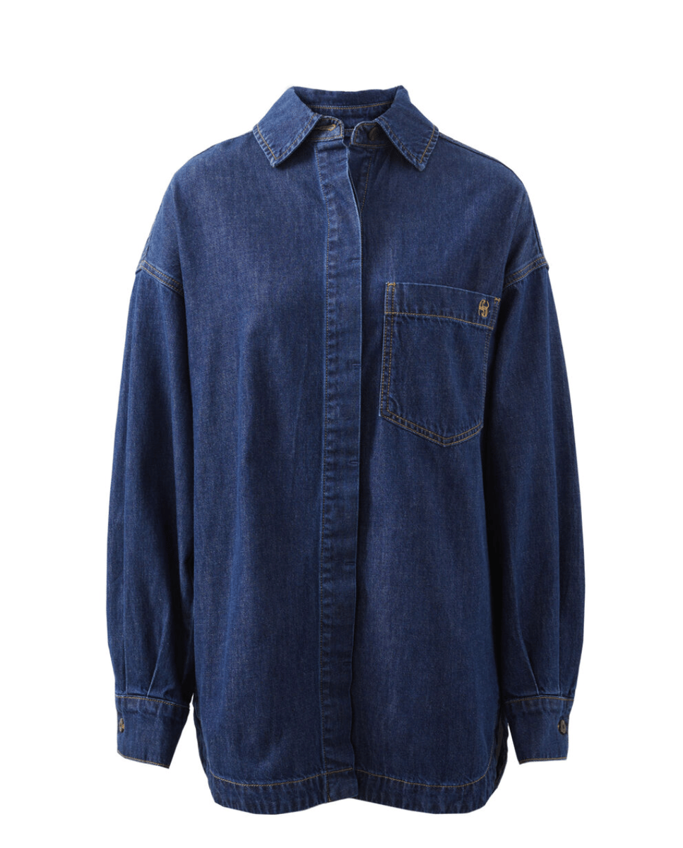 An oversized dark denim shirt.