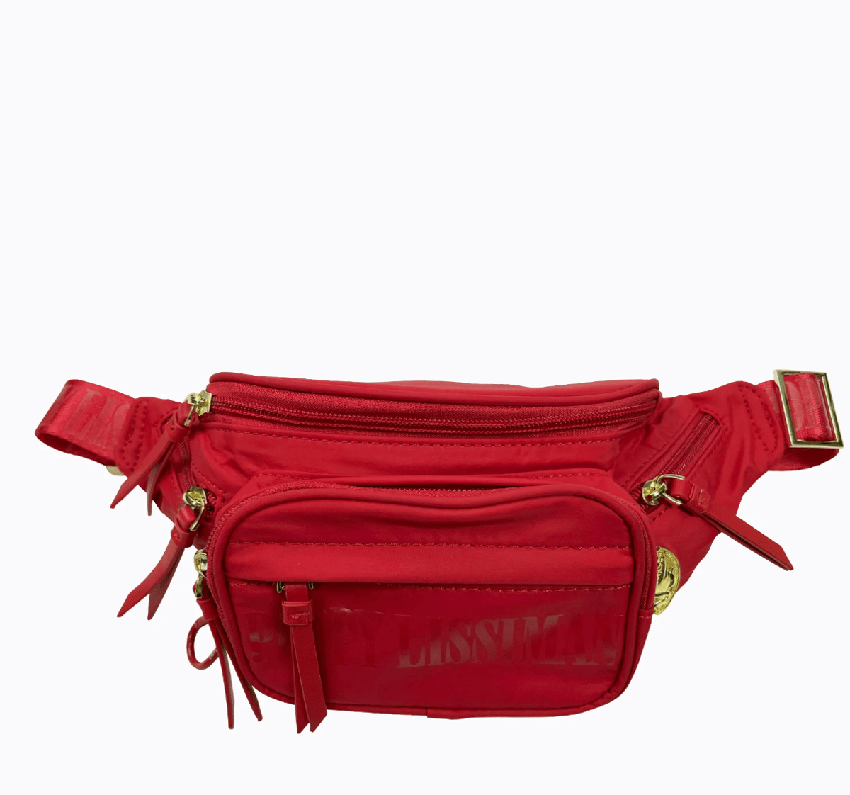 A red fanny pack with gold hardware.