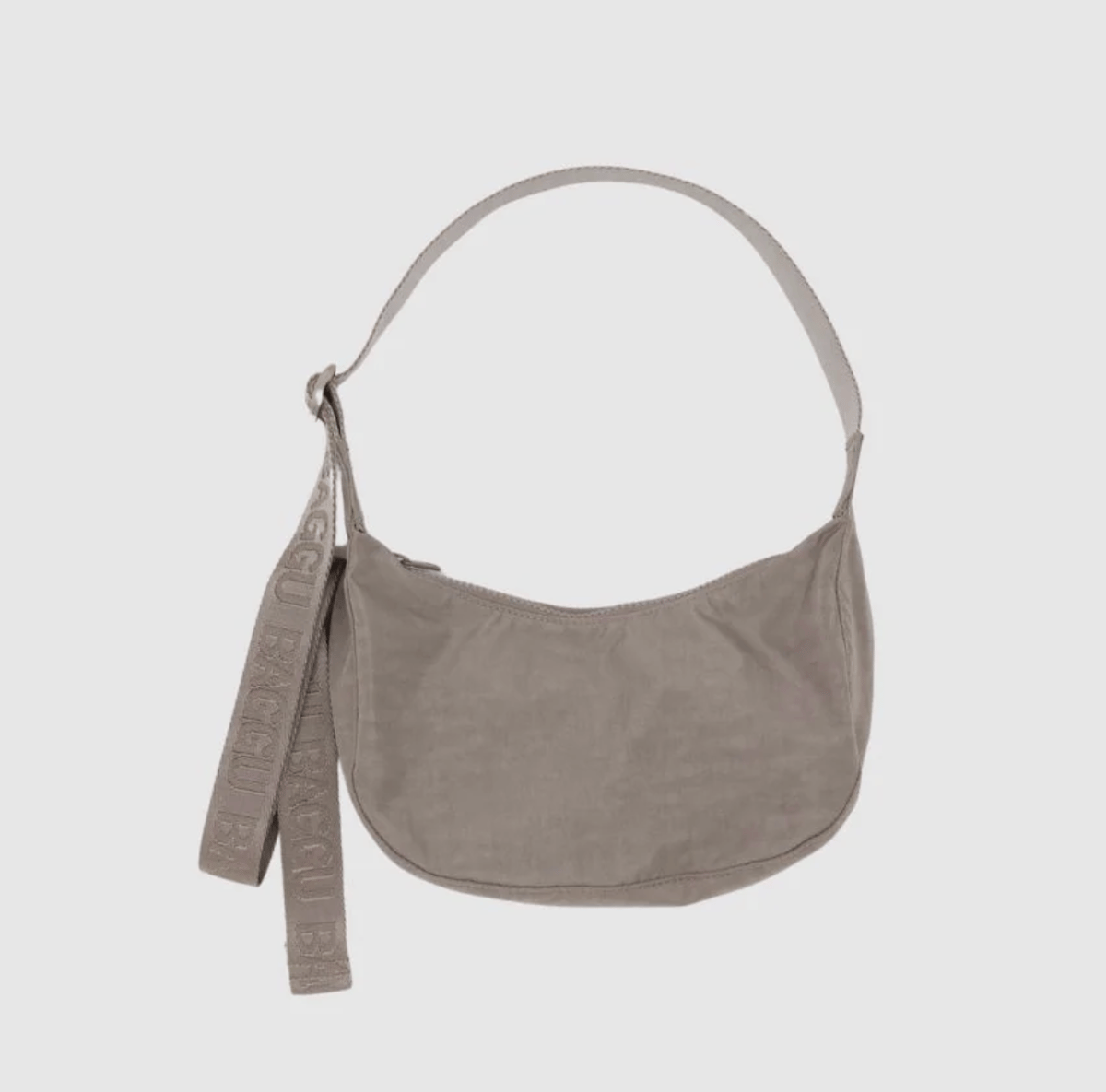 A dove grey mini nylon shoulder bag.