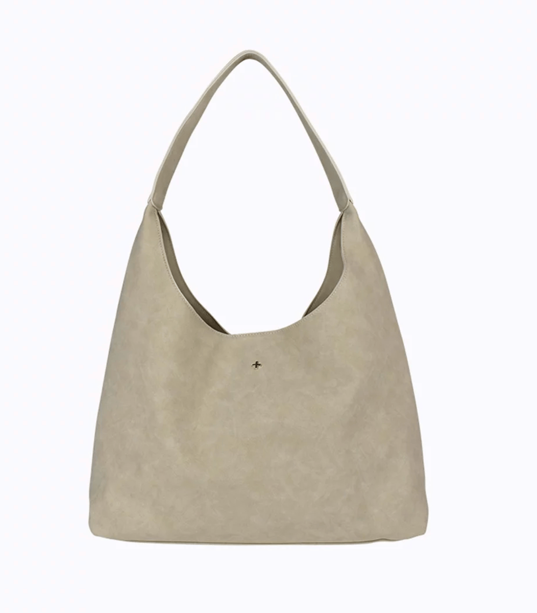 A faux suede hobo bag.