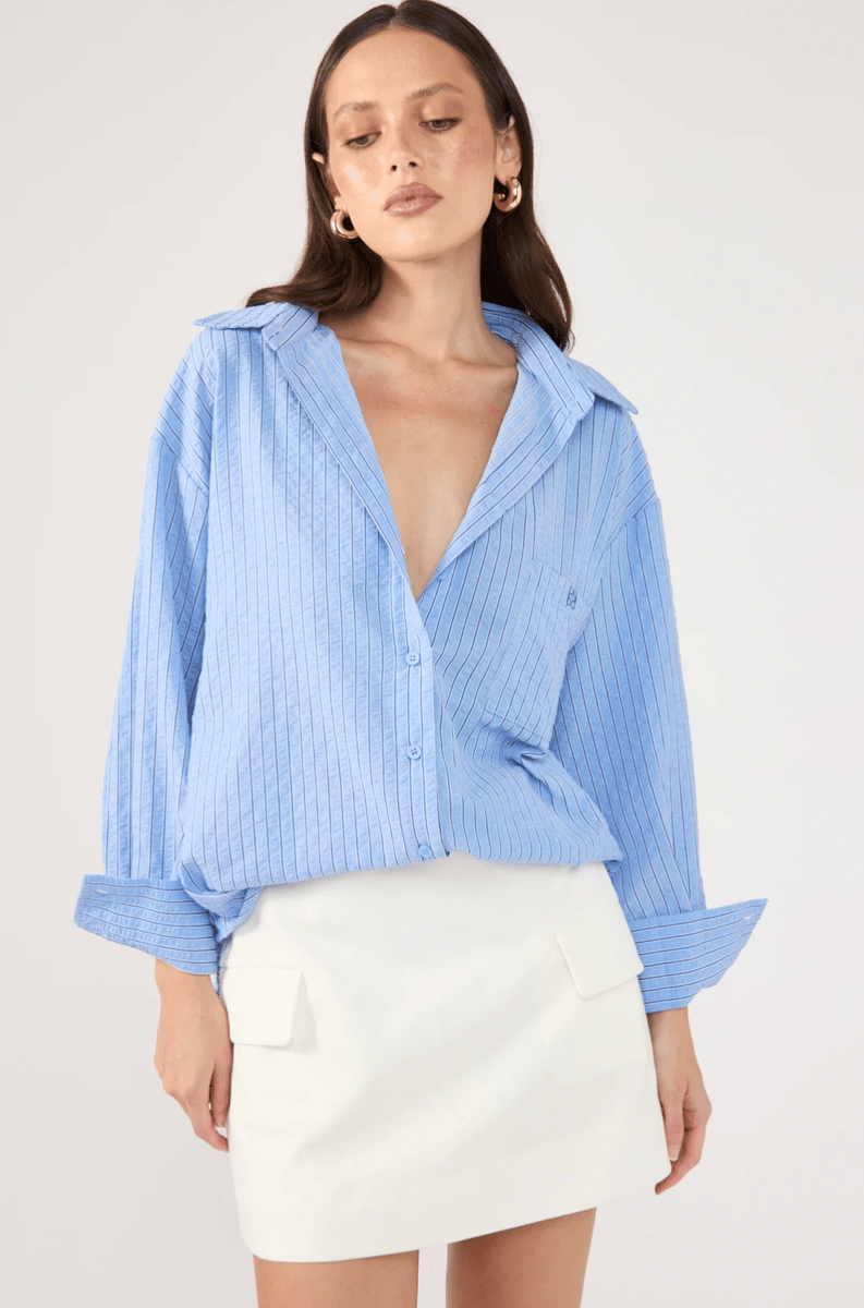 Perfect Stranger blue striped oversized shirt.