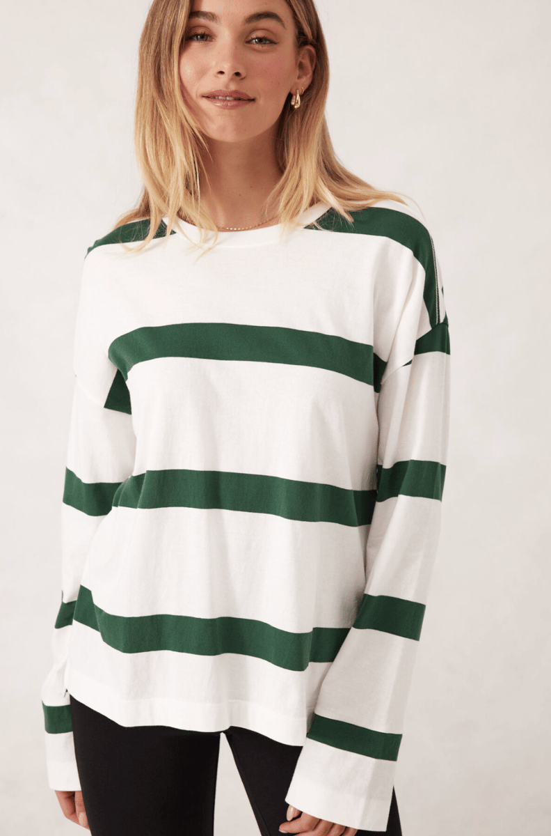 Striped green and white slouchy tee.