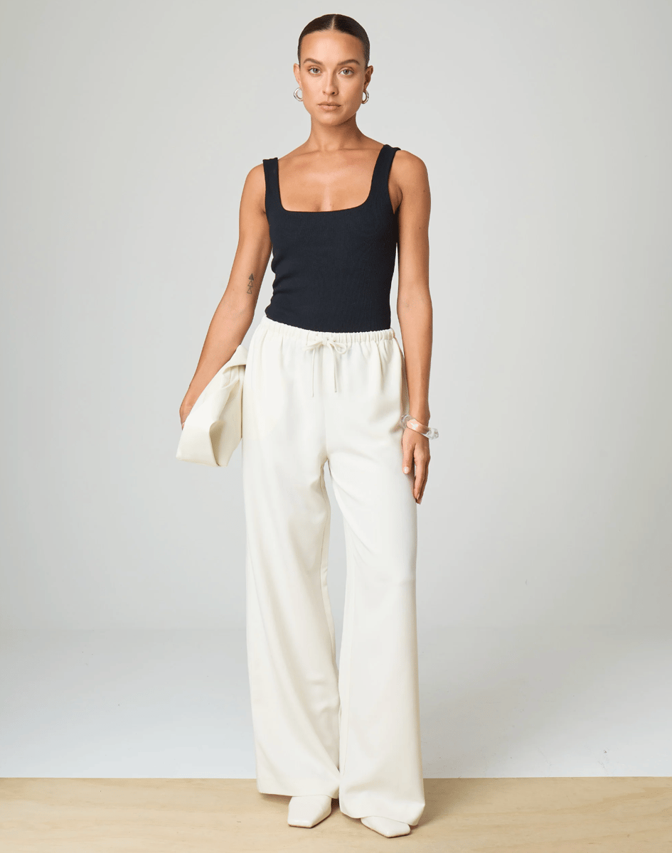 White wide-leg drawstring pants.