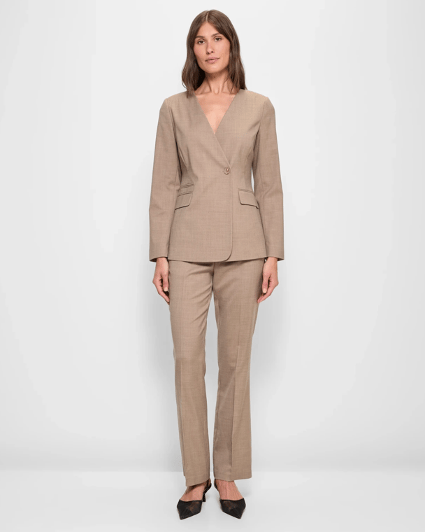 Target tan collarless blazer.