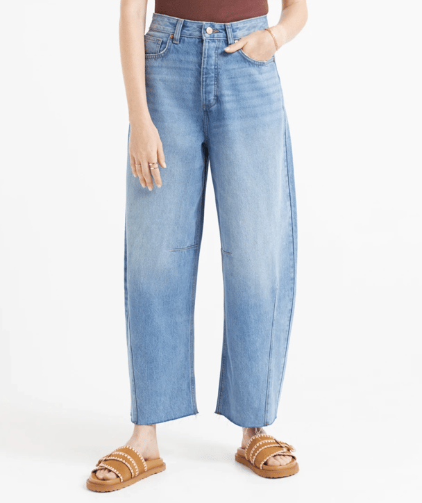 Blue barrel-leg jeans.