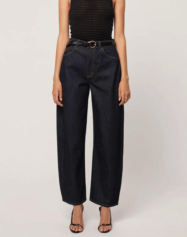 Dark wash barrel leg jeans