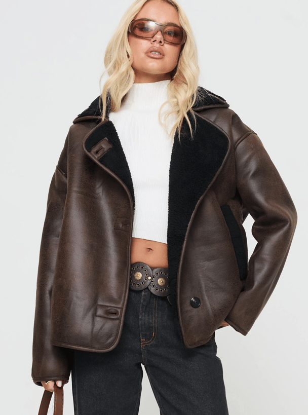 Brown faux leather aviator jacket.